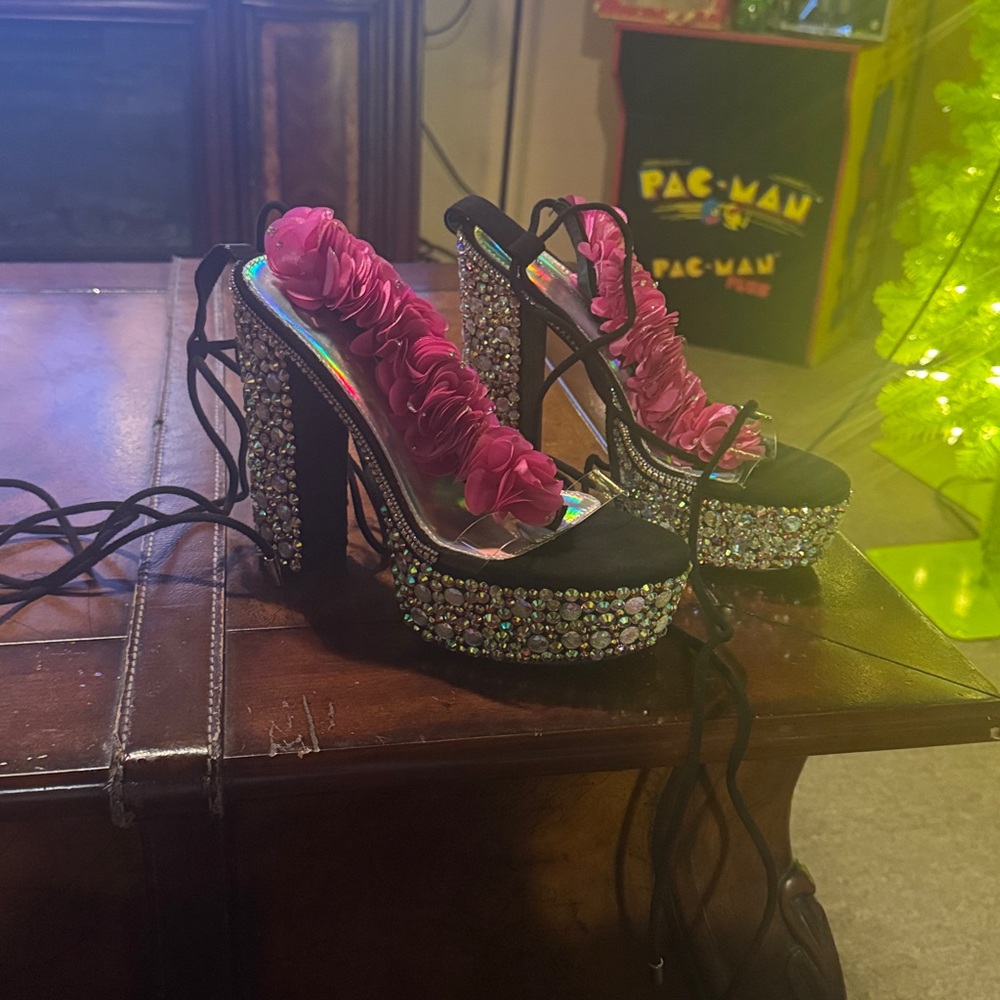 Sparkling Pink Floral Platform Heels